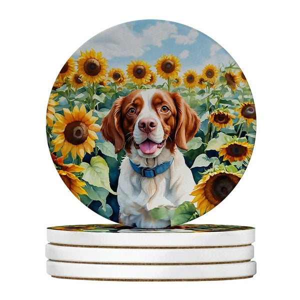 Absorbent ceramic sandstone coasters set with Brittany Spaniel dog painting and sunflowers
