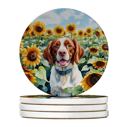 Absorbent ceramic sandstone coasters set with Brittany Spaniel dog painting and sunflowers
