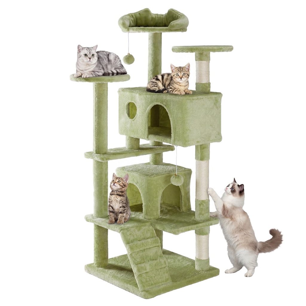 54-inch multi-level green cat tree tower with natural sisal scratching posts, cozy condos, and interactive toys