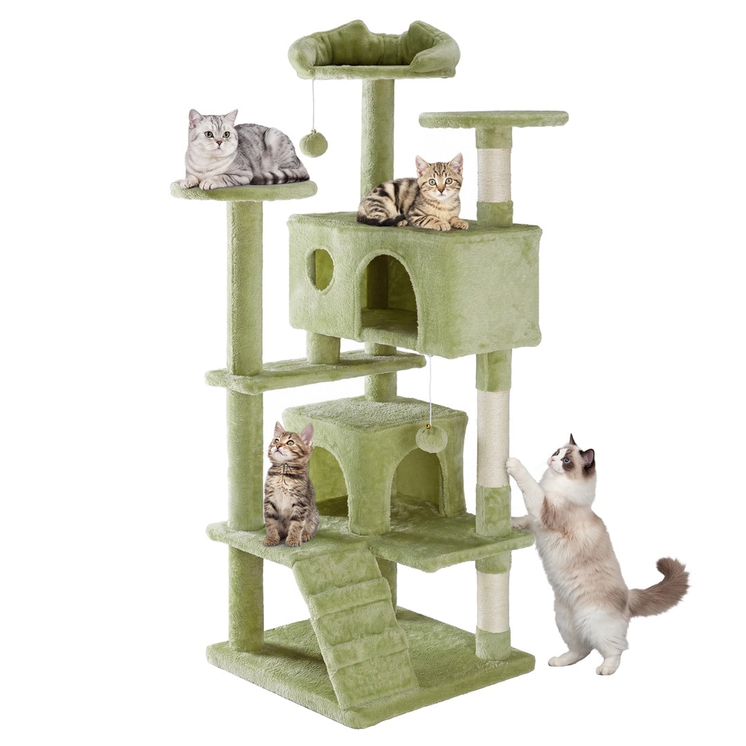 54-inch multi-level green cat tree tower with natural sisal scratching posts, cozy condos, and interactive toys