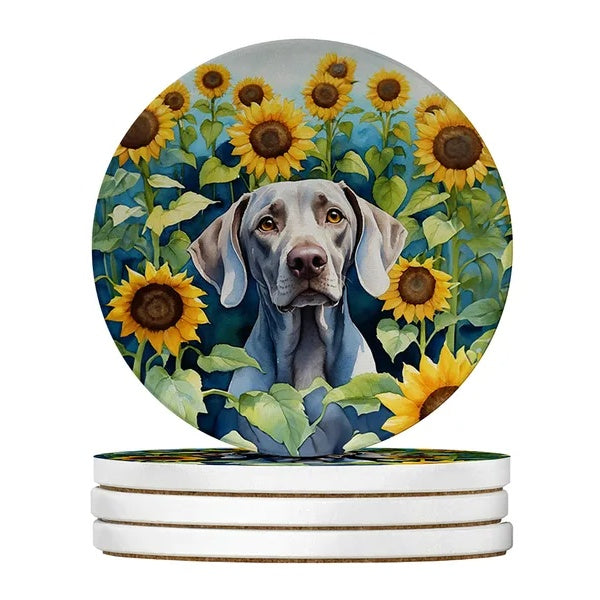 Sleek grey Weimaraner dog illustration drink coaster set with sunflower background
