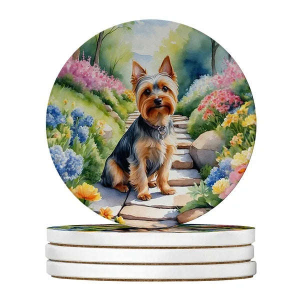 Adorable Yorkshire Terrier Yorkie dog painting on absorbent sandstone drink coasters

