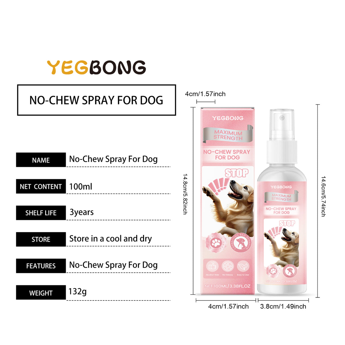 Product specifications and dimension diagram for the 100ml portable dog anti-chew spray bottle
