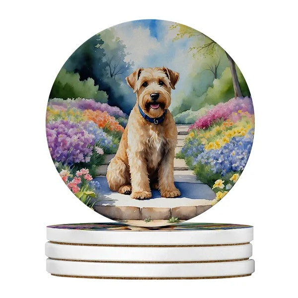 Cute Wheaten Terrier dog portrait in a colorful floral garden path stone coaster set
