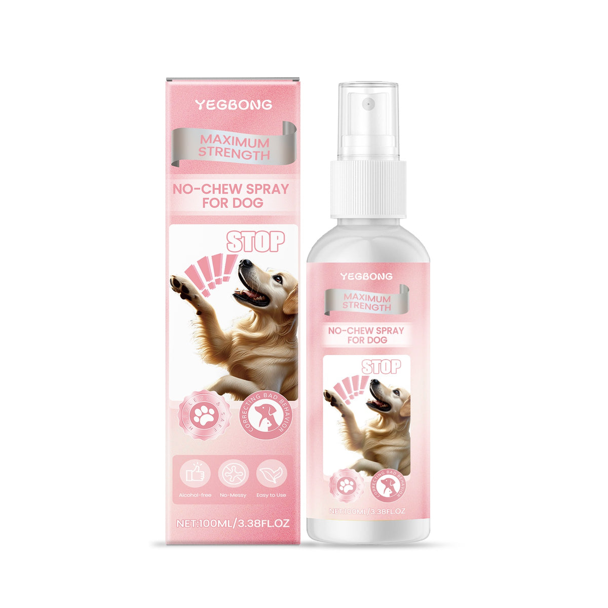 100ml bottle and box of natural anti-chew bitter spray for dogs to protect furniture and cords
