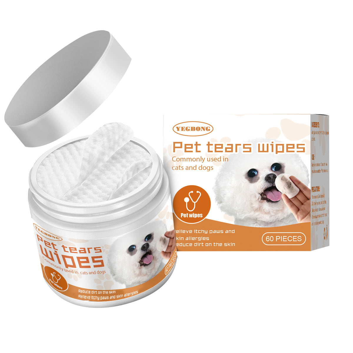 Jar and box of soothing pet tear stain remover wipes with pre-soaked cotton pads for dogs and cats