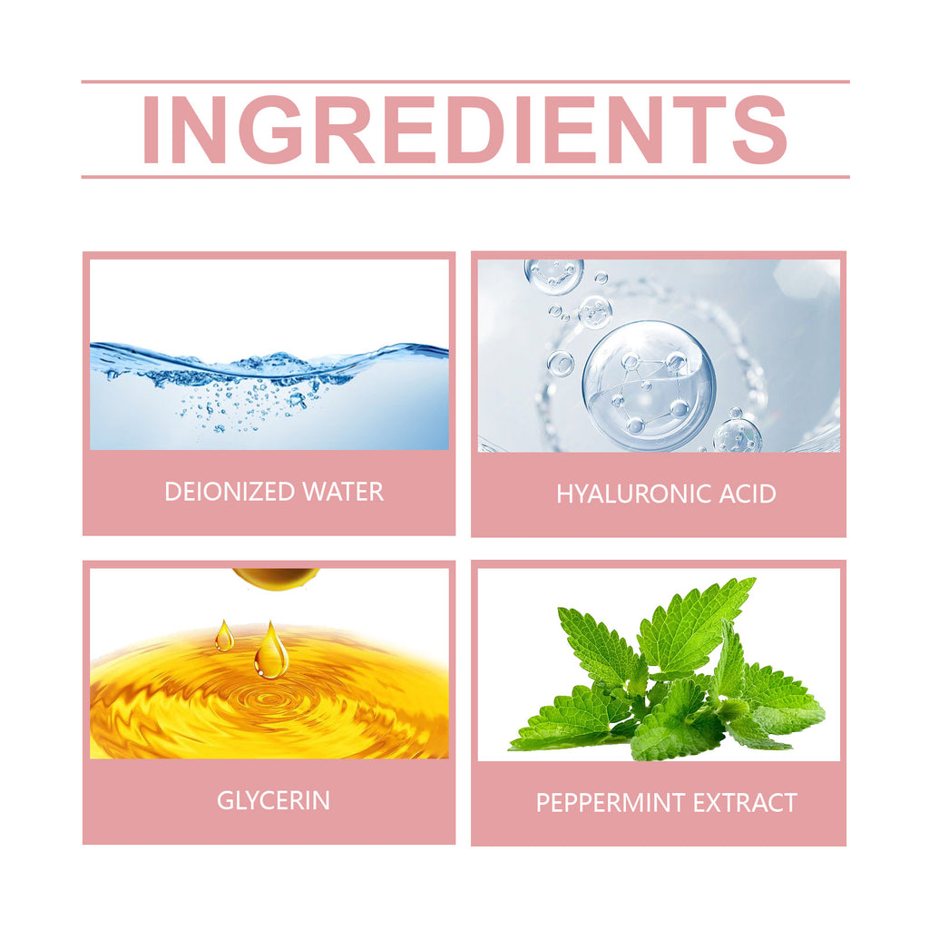 Natural ingredients breakdown including deionized water, glycerin, hyaluronic acid, and peppermint extract
