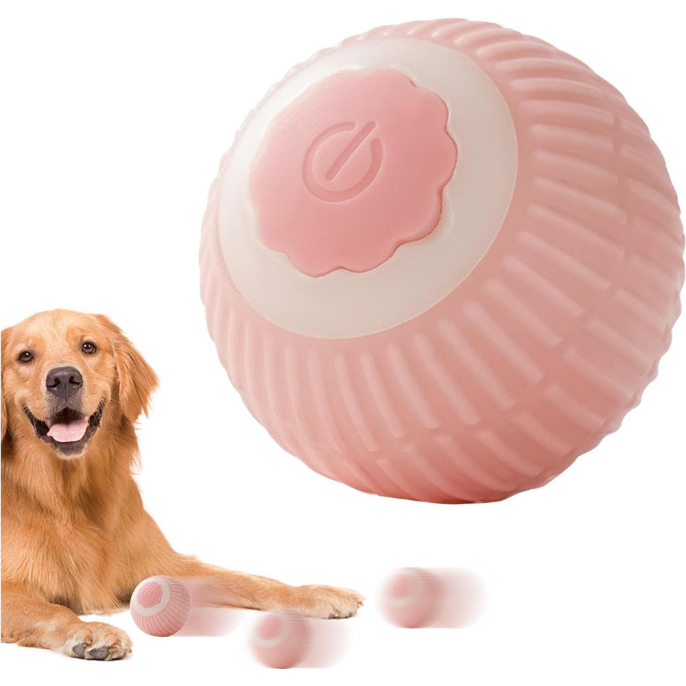 Smart interactive self-rolling pink pet ball with motion sensor and silicone grooves for dogs and cats