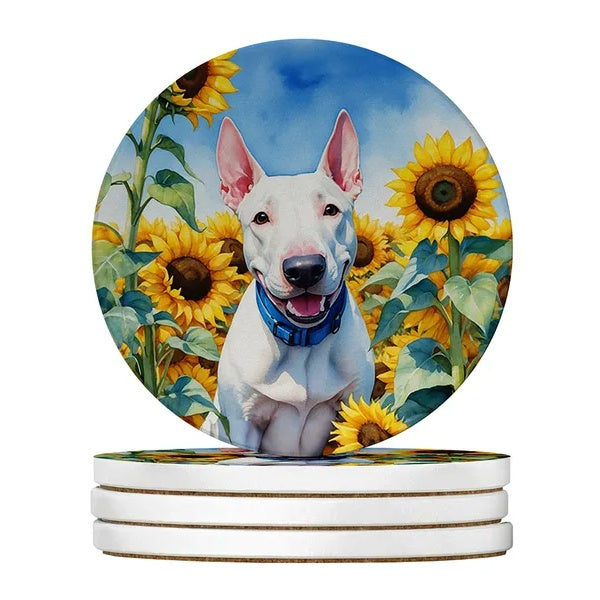 Set of 4 absorbent sandstone drink coasters featuring Bull Terrier dog art in a vibrant sunflower field
