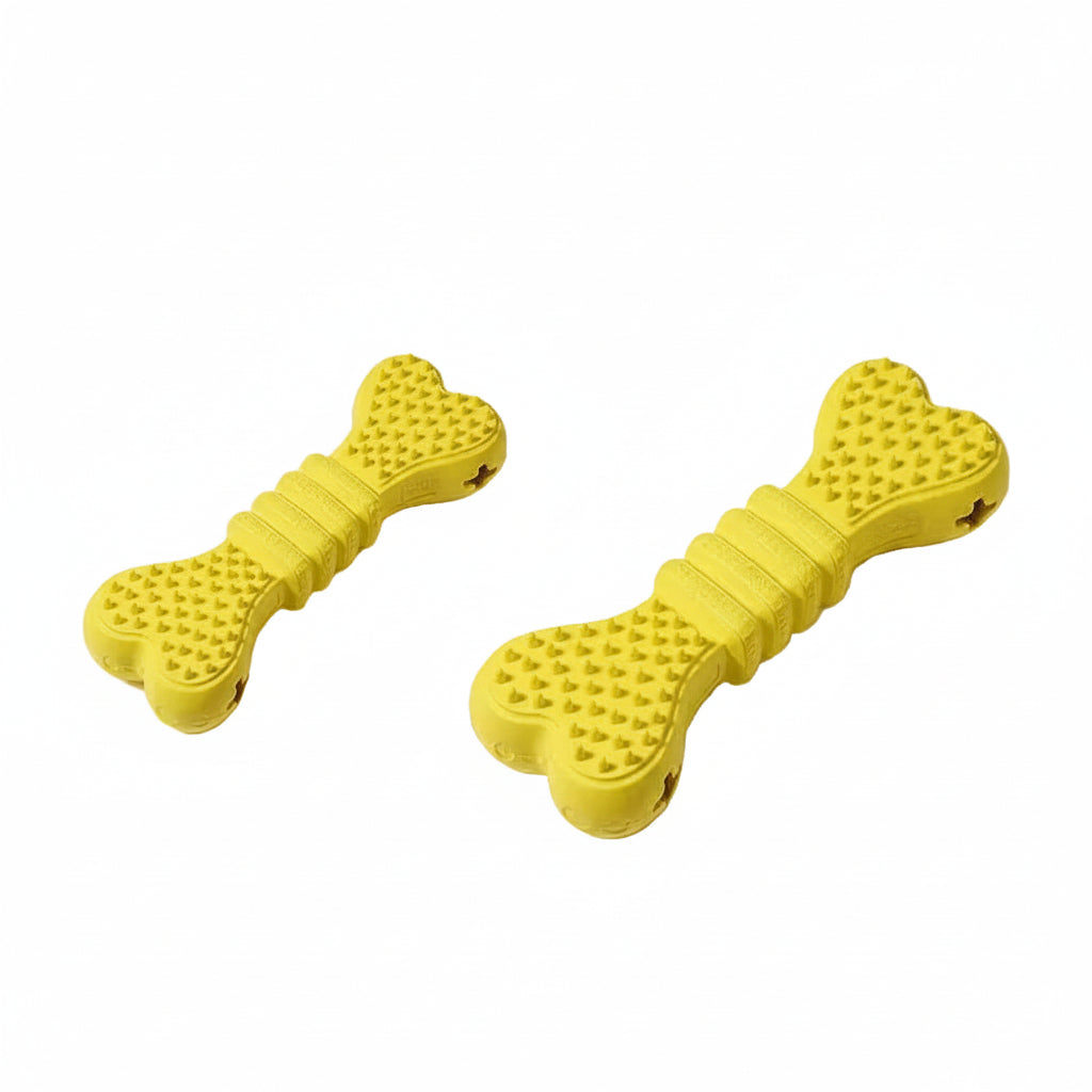 2-pack yellow bone shaped dog dental chew toys with teeth cleaning rubber bristles and ridges