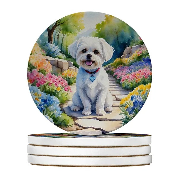 Fluffy white Maltese dog sitting in a blooming flower garden path drink coasters set
