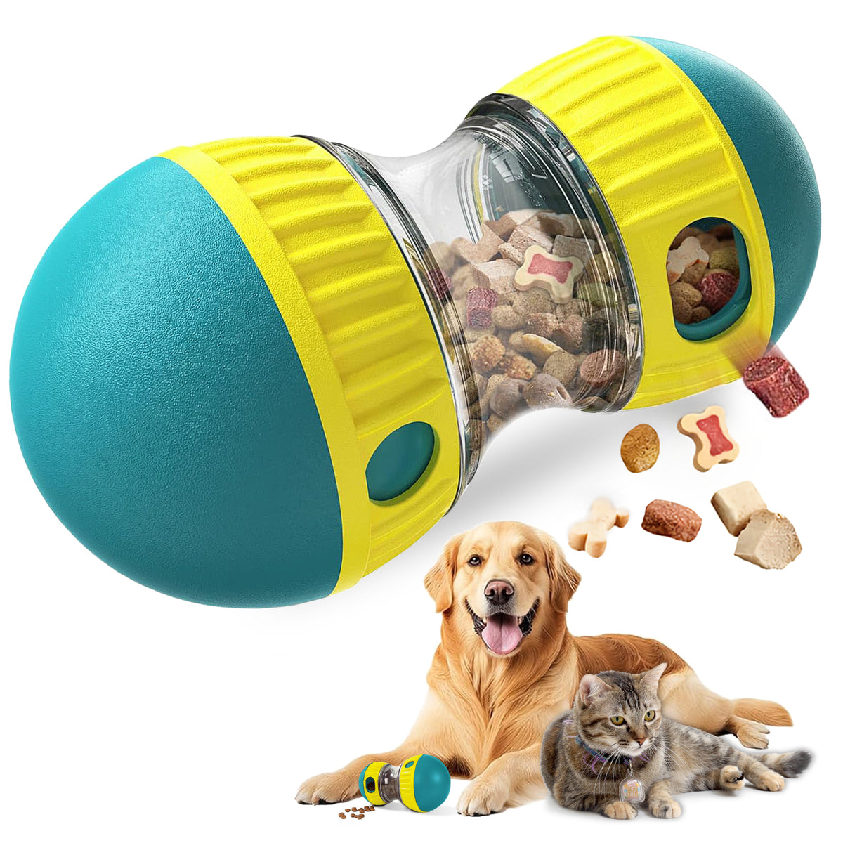 Interactive dog treat dispensing slow feeder toy shaped like a dumbbell with kibble leaking holes for dogs and cats