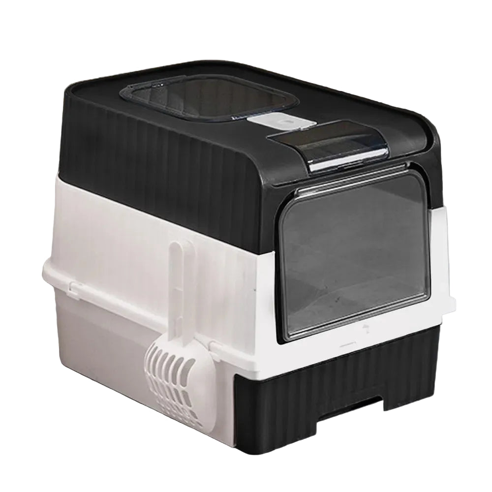 Modern black and white enclosed cat litter box with front swinging door, top exit, pull-out drawer, and hanging scoop