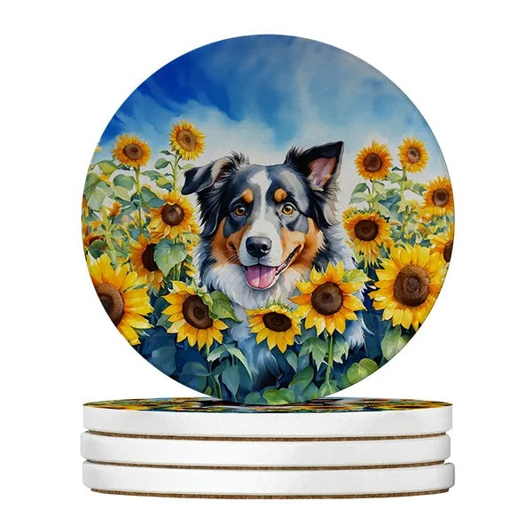 Australian Shepherd dog portrait drink coasters set surrounded by blooming sunflowers
