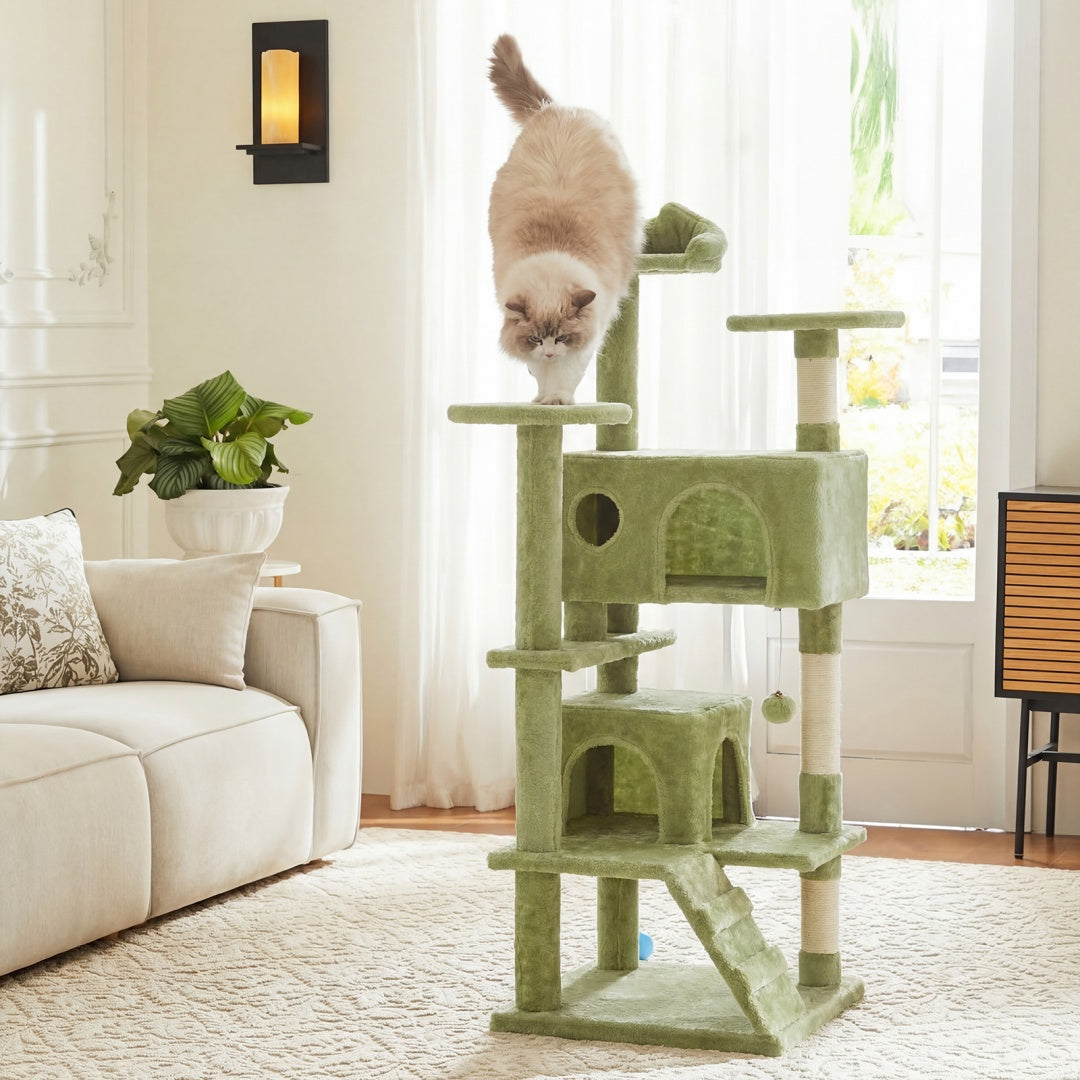 Modern green multi-level cat tree placed in a cozy living room setting with cat climbing down
