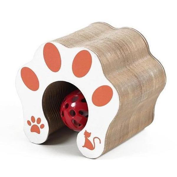 Foldable magic organ accordion cat scratching board shaped like a cat paw with an interactive rolling bell ball inside
