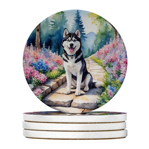 Black and white Siberian Husky dog art absorbent drink coasters with cork backing
