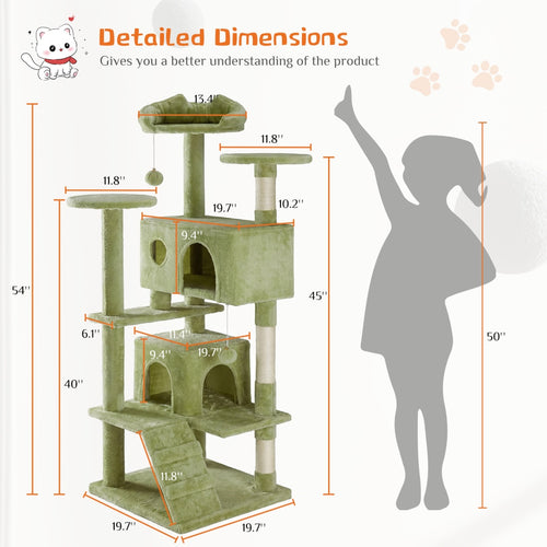 Detailed dimensions and height measurement diagram of the 54-inch multi-level cat tree tower