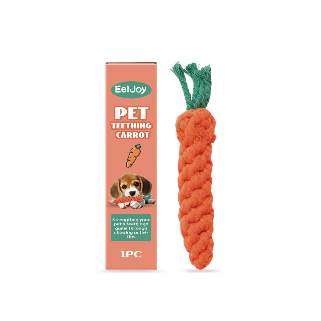 Carrot shaped puppy teething chew toy with textured ridges and packaging box for dental cleaning