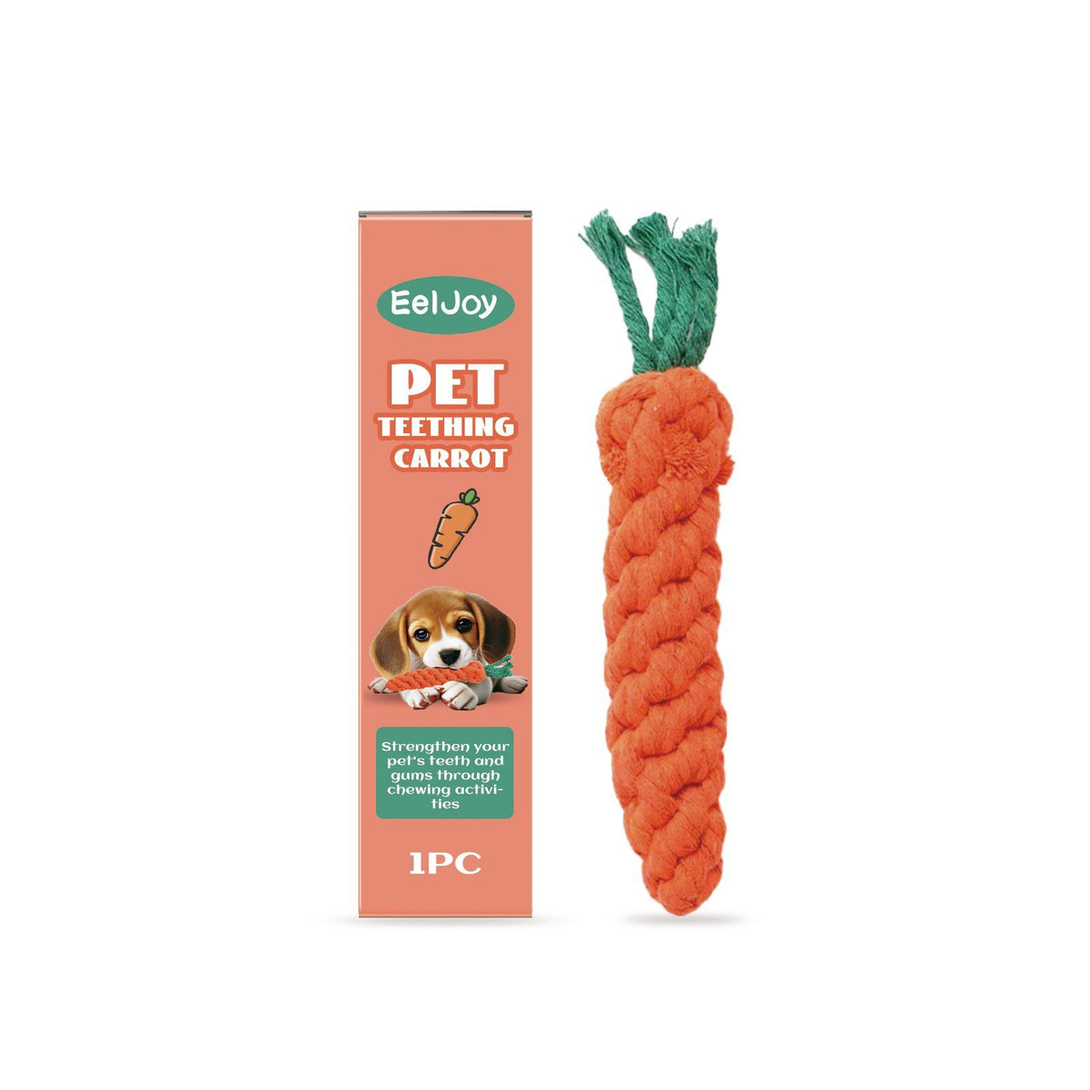 Carrot shaped puppy teething chew toy with textured ridges and packaging box for dental cleaning